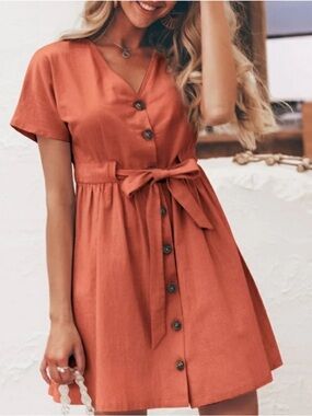 Womens Rust Button-Front Tie-Waist Dress